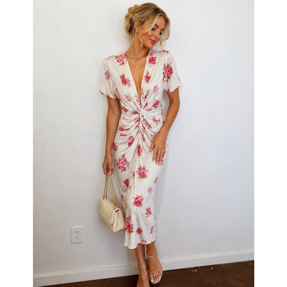 LES REVERIES White Red Floral Front Twist Drape V-Neck Midi Dress size Small